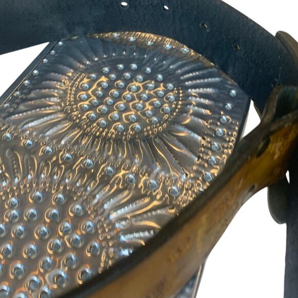 Genuine Leather Womens Belt Tooled Flowers Brass Buckle Western Boho Vintage - Picture 6 of 6